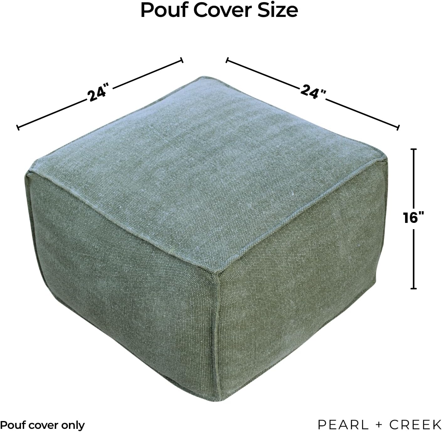 Morgan Ottoman Unfilled Cover – 24x24x16” Stonewashed Cotton, Handwoven Pouf in Sage – Soft Floor Cushion or Foot Stool For Bedroom, Living Room, Reading Nook – Cottagecore, Boho & Modern Decor