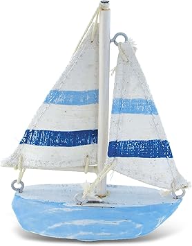 Puzzled COTA Global Light Blue Stripes Sailboat Extra Small Decor Handmade Wooden Boat Decor, Cute Beach Style Sail Boat Decorations Table Top Decor Centerpiece 4.75 Inches