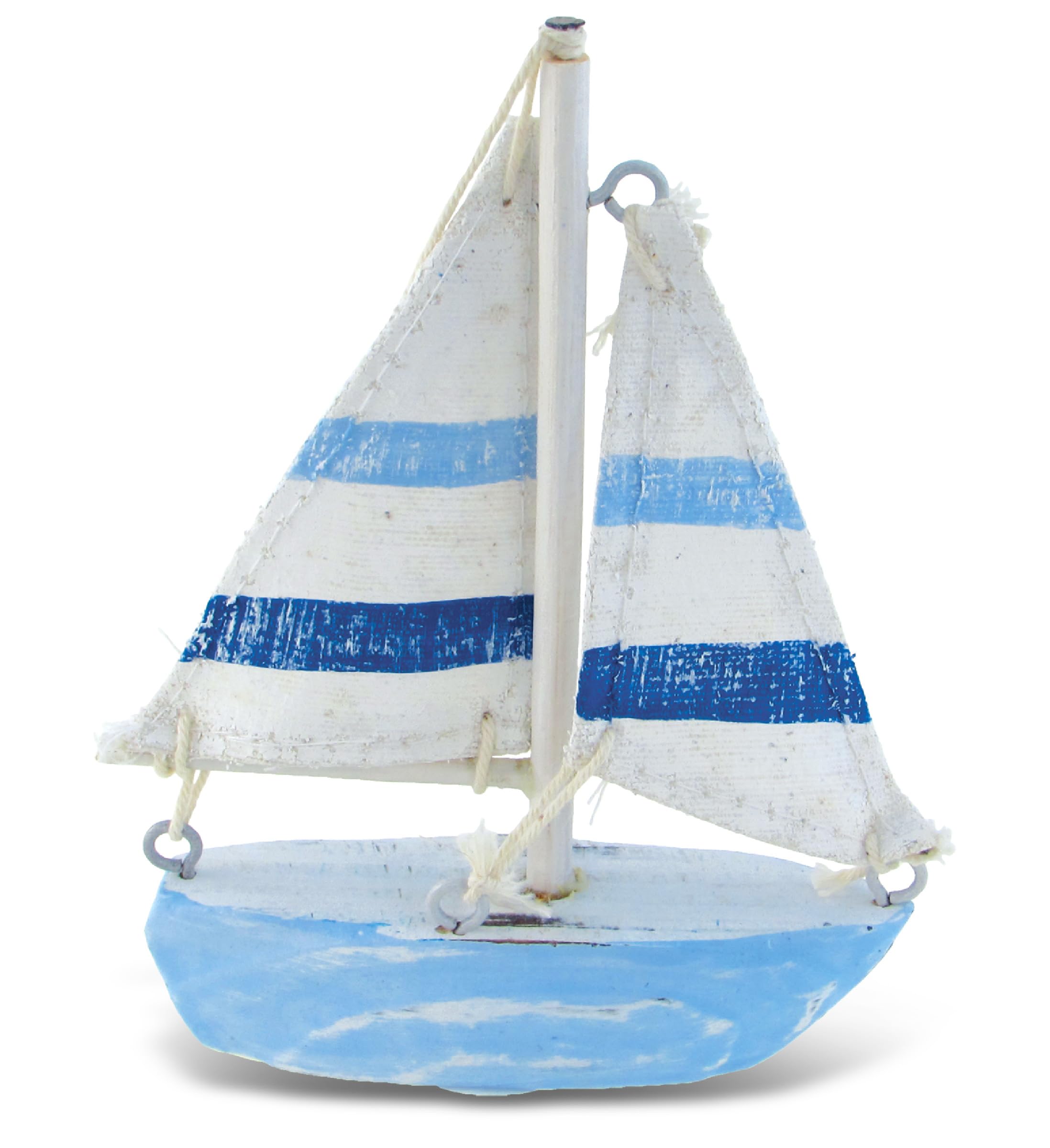 Puzzled COTA Global Light Blue Stripes Sailboat Extra Small Decor – Handmade Wooden Boat Decor, Cute Beach Style Sail Boat Decorations Table Top Decor