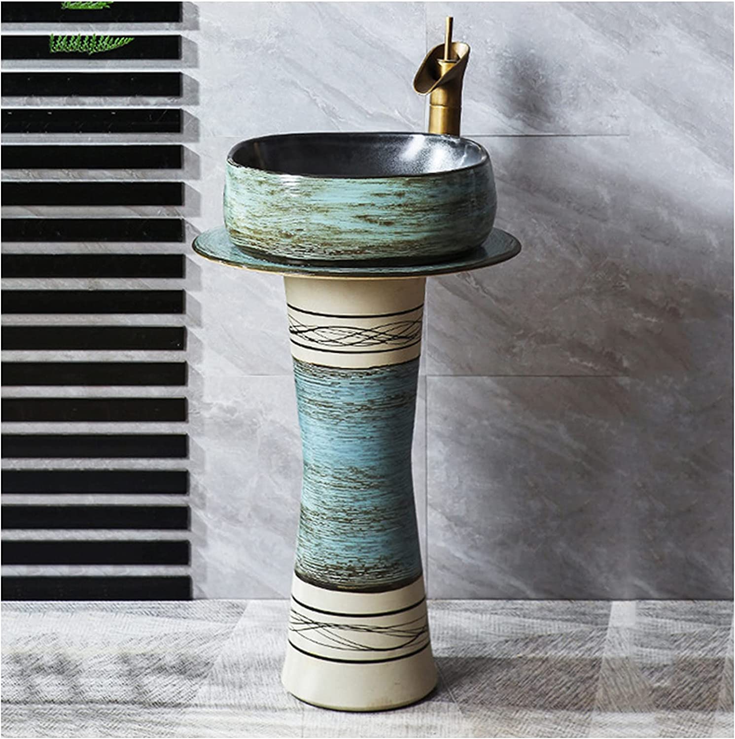 OLSKFUH Freestanding Pedestal Sink Floor Standing Art Sink Bathrooms Ceramic Luxurious Pedestal Basin Round Freestanding Sink Pedestal Lavatory Sink Standalone Art Ceramic Wash B,G