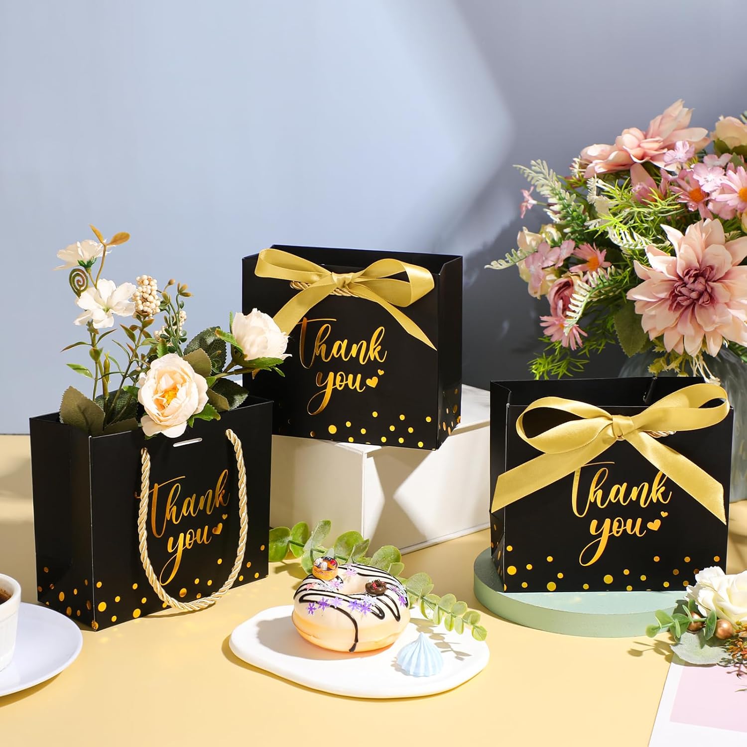 Jetec 45 Pcs Mini Paper Gift Bag Bulk 5.5 x 4.7 x 2.5'' Small Thank You Favor Bag with Handle Bow Ribbon for Valentine Wedding Baby Bridal Shower Birthday Anniversary Party(Black/gold) - Image 2