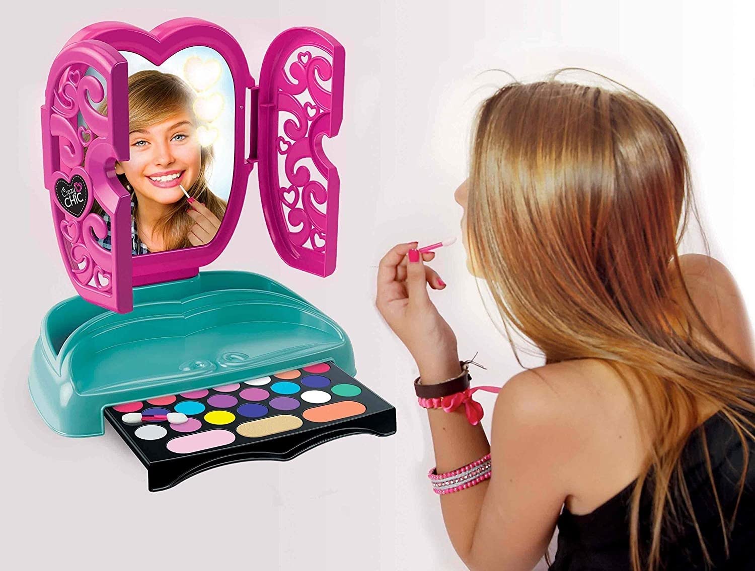 Clementoni - 18541 - Crazy Chic Make Up - Le Miroir à Maquillage - Miroir avec Rangements pour Bijoux et Palettes de Fond de Teint + Lumières - Jeu de Maquillage pour Enfants