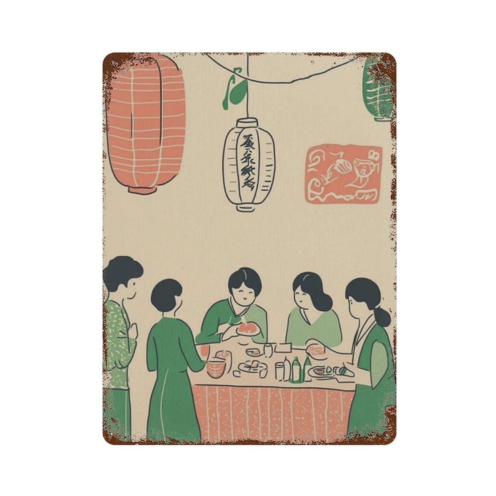 xiaoxiaoshen Asian Festival Family Dinner Scene Cultural Celebration Lantern Wall Decor Art Metal Tin Poster Modern Home Decor Art Home Bar Shop Decorations Vintage Sign 40x30cm