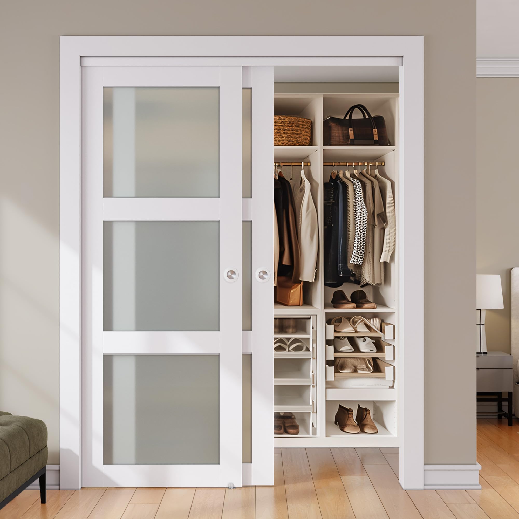 SMARTSTANDARD Sliding Closet Door, 60"×80"(Double Barn Doors 31"), Double Frosted 3 Panel Glass Sliding Door with Hardware Kit, Pre-Drilled Doors Panel, Need to Assemble, MDF with PVC Surface, White