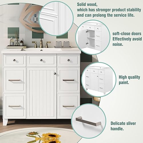 Miniatura 6 de Merax Armario de tocador de baño de 36 pulgadas con parte superior del fregadero, lavabo individual, armario agitador con puerta y cajón de cierre