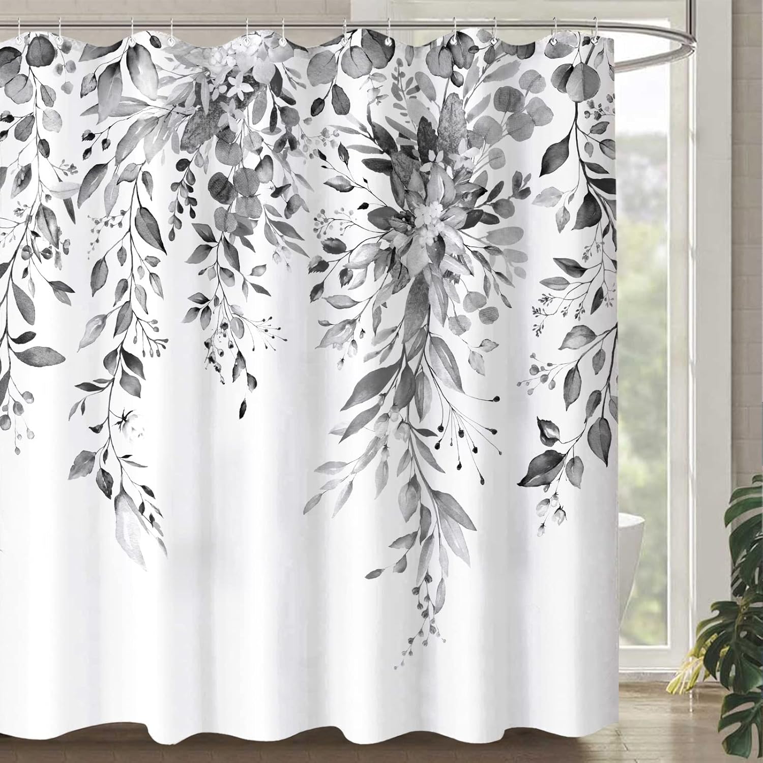 Zussun Long Gray and White Eucalyptus Shower Curtain