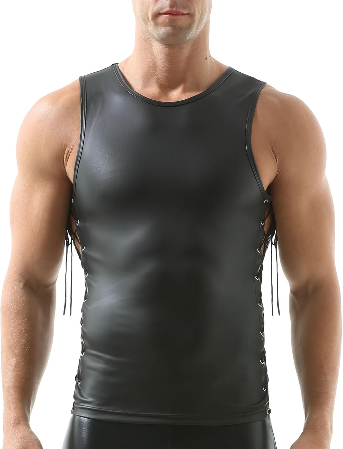 YUFEIDA Men's Faux Leather Undershirts Sleeveless Tank Tops Muscle Fit Waistcoat Tops Fashion Undershirts - Image 3