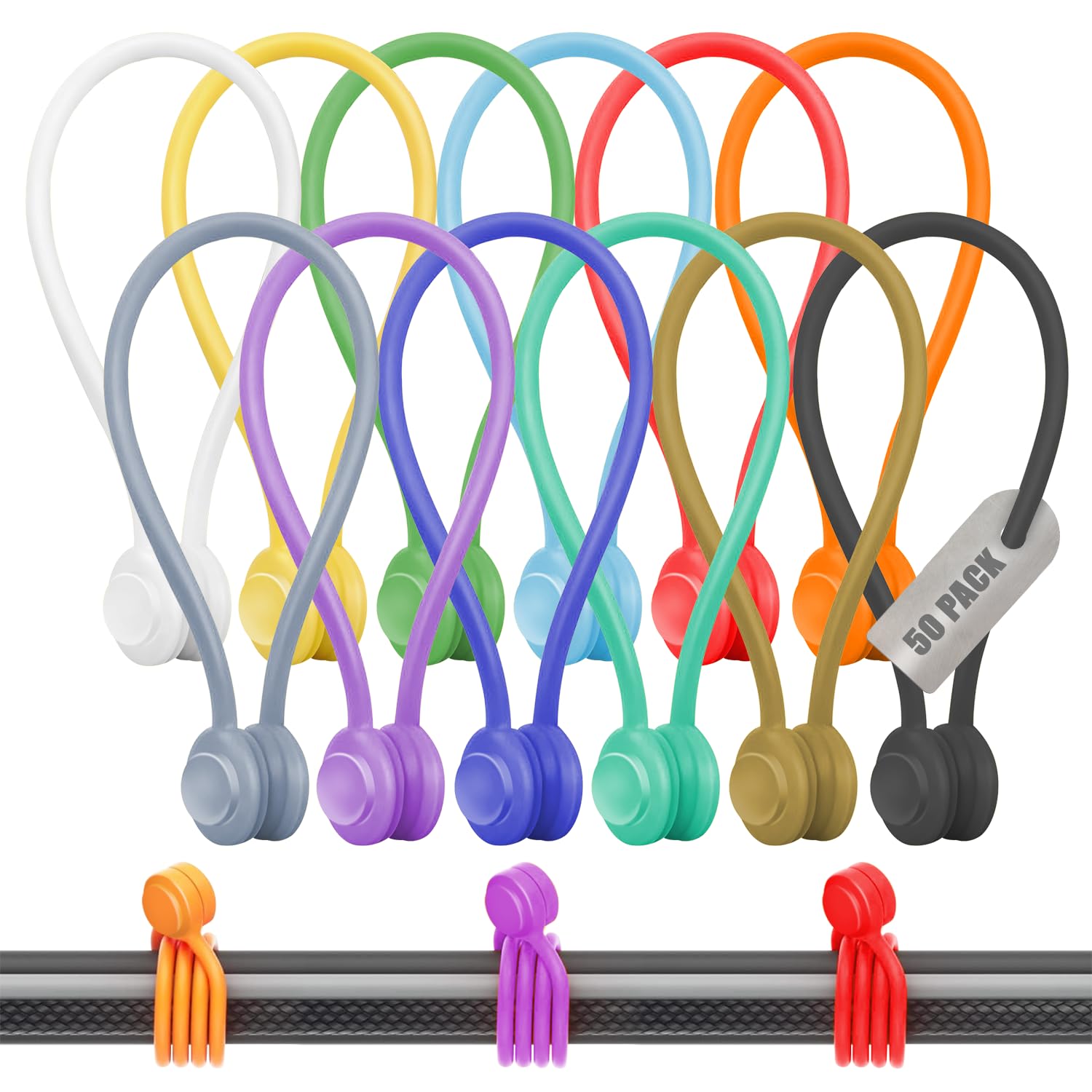 50 Pack Cable Ties, Reusable Silicone Magnetic Ties for Wires Cords & Chargers, Wrap & Snap Twist Ties