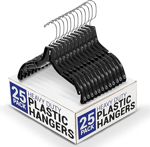 Perchas de plástico negro de 16.9in de ancho, superresistentes, con gancho giratorio y hombros con muescas (negro, 25)