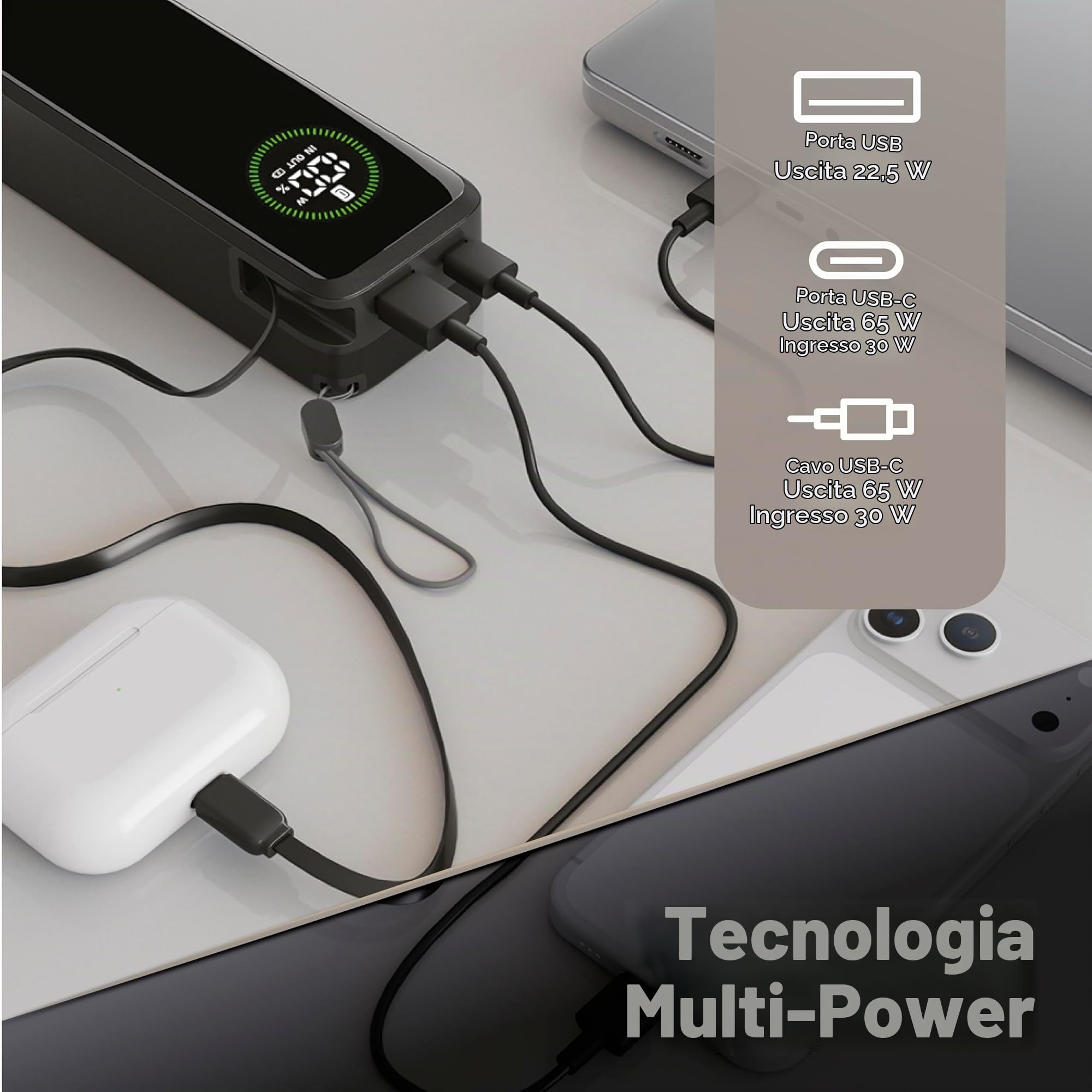 Cellularline power bank Roller 20.000 mAh con output fino a 65 W, cavo USB-C retrattile integrato da 70 cm, porte USB-C e USB-A, display LCD, ricarica 3 dispositivi, nero