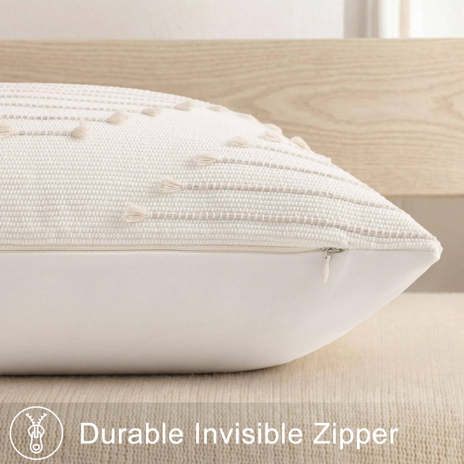 Mecatny Set di 2 federe per cuscini bohémien, beige e bianco, 45 x 45 cm, decorazione moderna neutra, per letto, divano, soggiorno