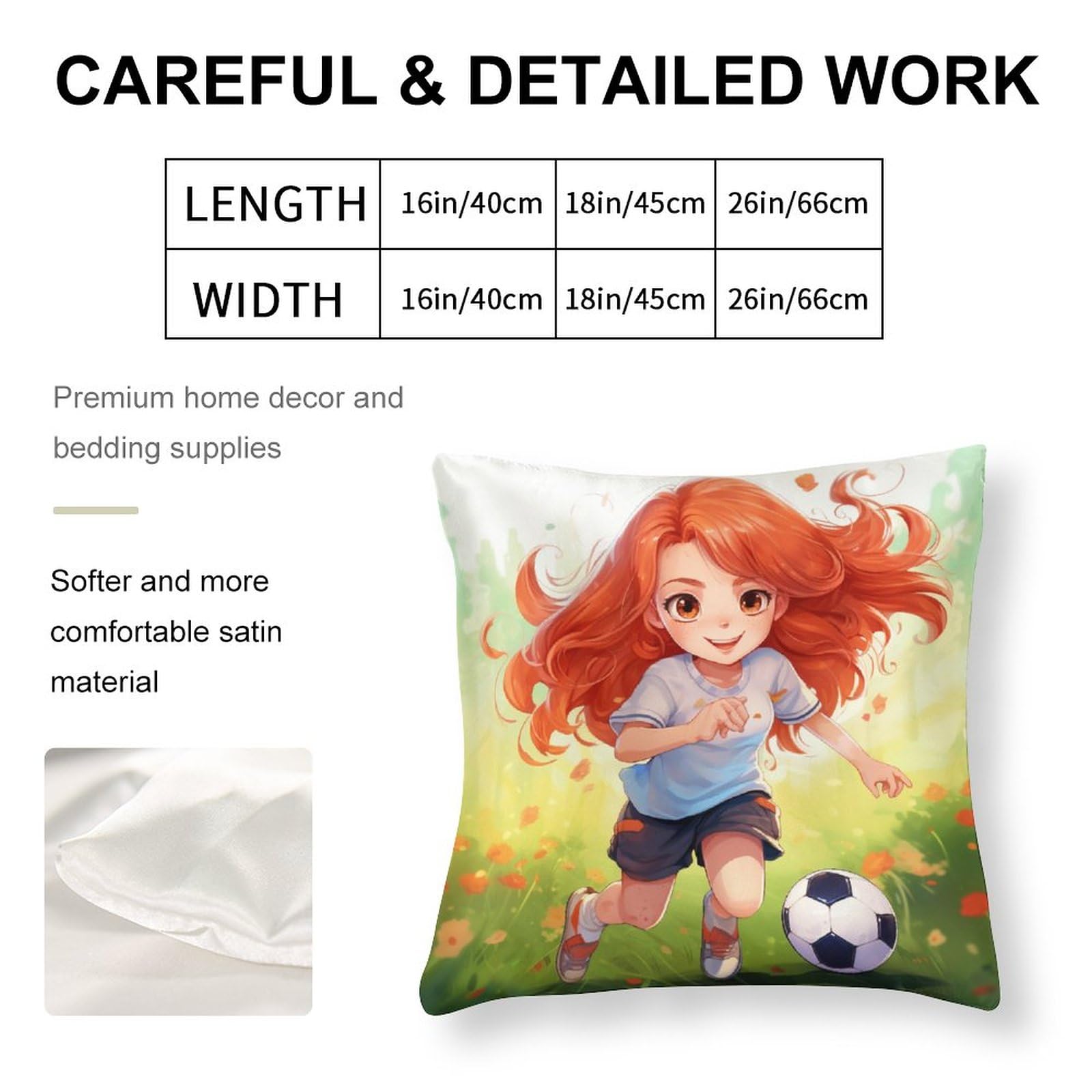 Satin Square Throw Pillow Covers Cute Cartoon Red Head Girl Play Soccer Decorative Pillow Covers Fun Sport Game Pillow Case Protector Zippered Home Decoration for Sofa Couch Living Bed Room 16