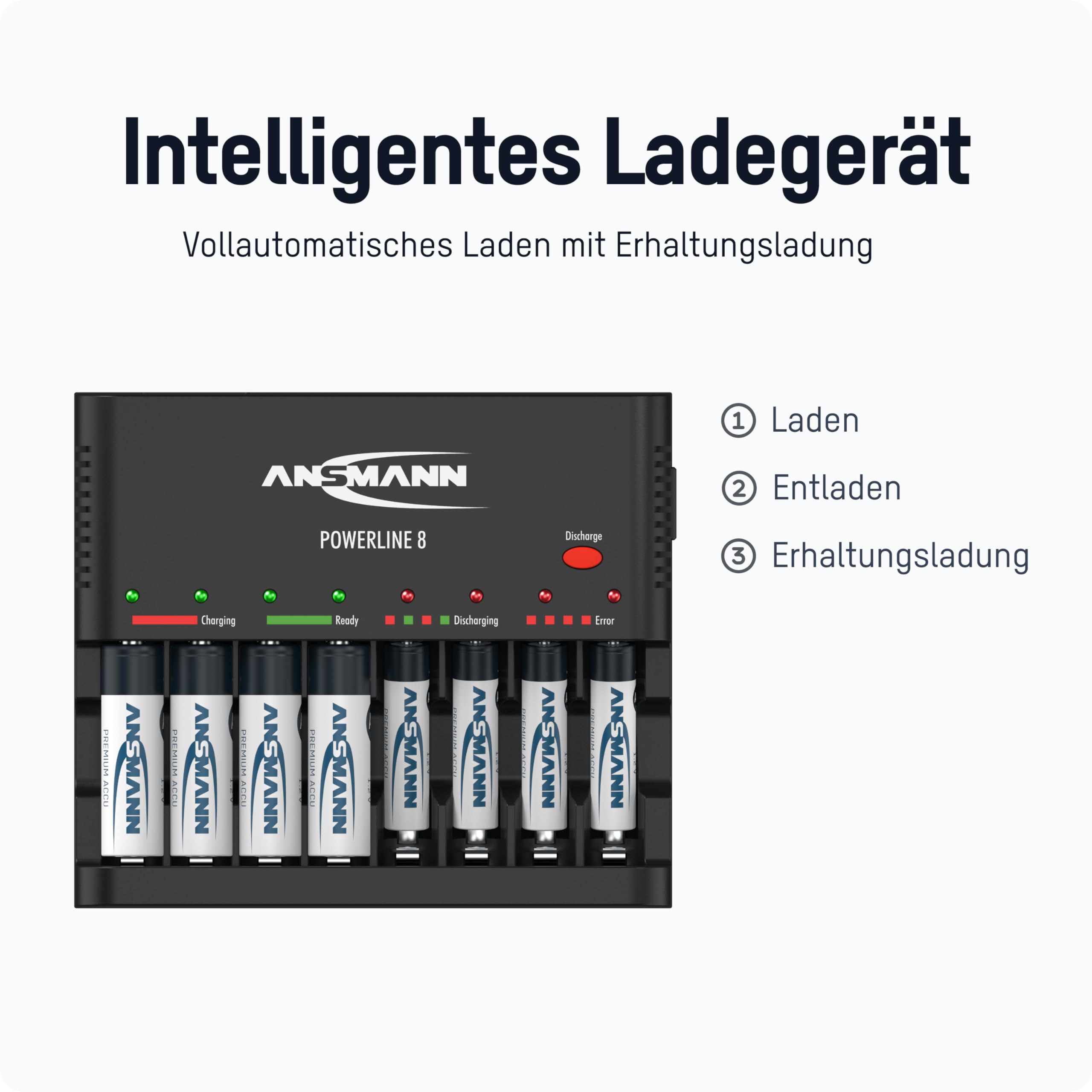 Powerline 8 Intelligentes Schnellladegerät für AA/AAA Akkus mit LED-Anzeige Defekterkennung und Überladeschutz