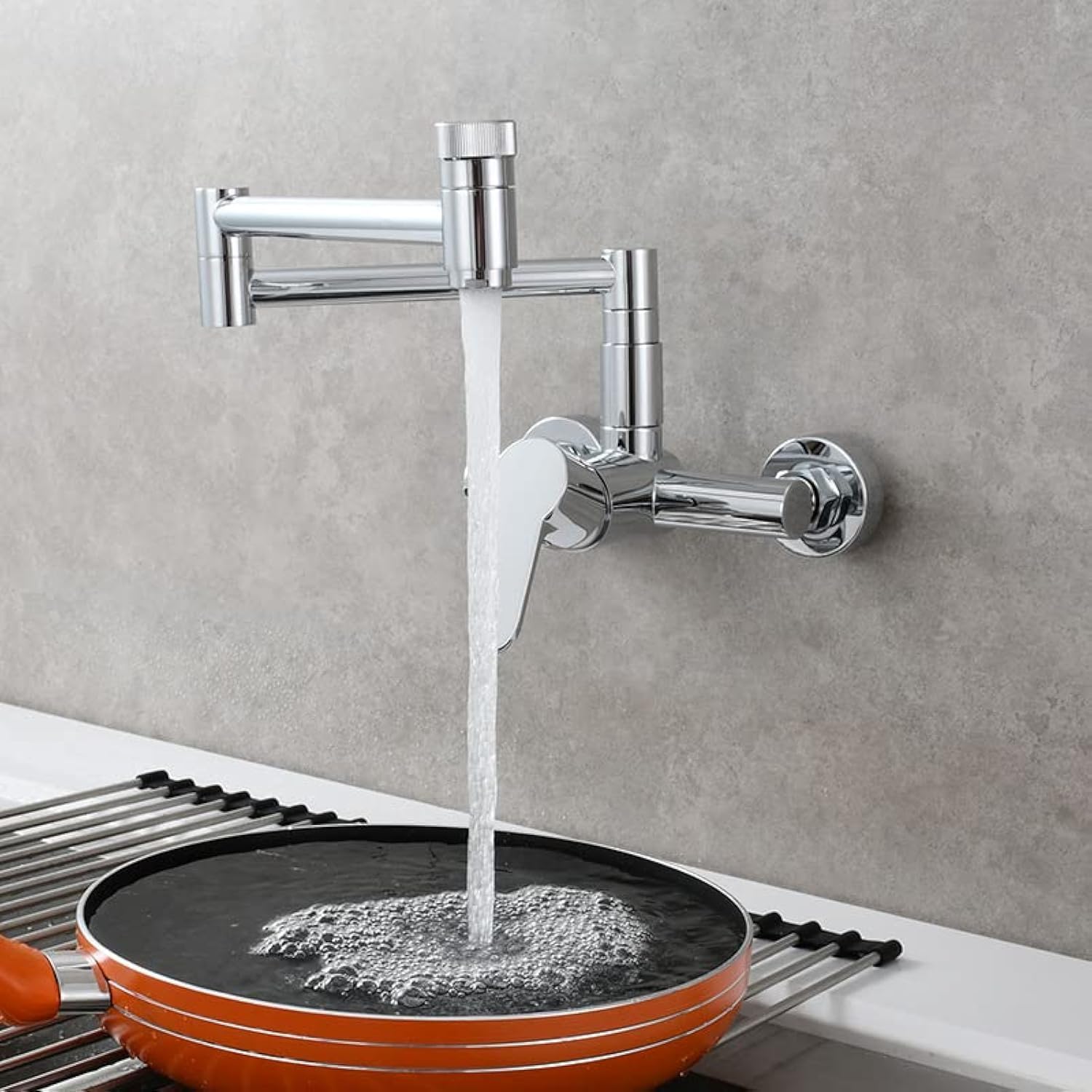 – Solid Brass Wall Mounted Folding Faucet Hot and Cold Water Mixing Double Switch Rotary Foldable Kitchen Sink Faucet Chrome Plating