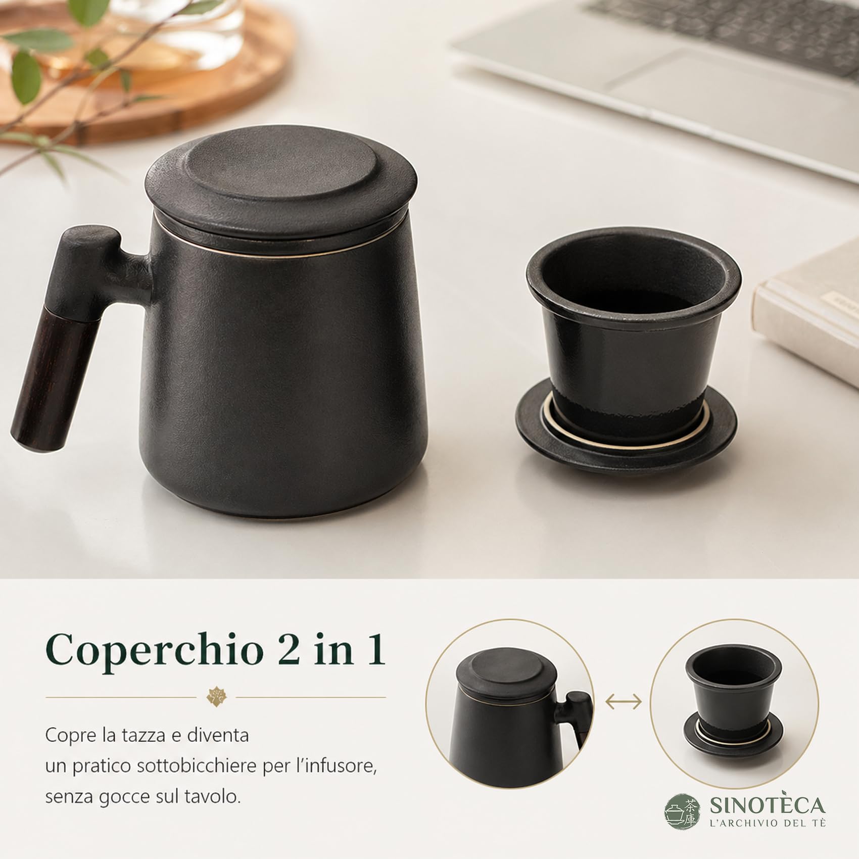 SINOTE'CA Tazza da Tè con Infusore e Coperchio 400ml, Set Regalo in Ceramica con Manico in Legno e Sottobicchiere, Tazza Tisana con Infusore Fine per Tè Sfuso, Confezione Regalo Elegante(Nero)