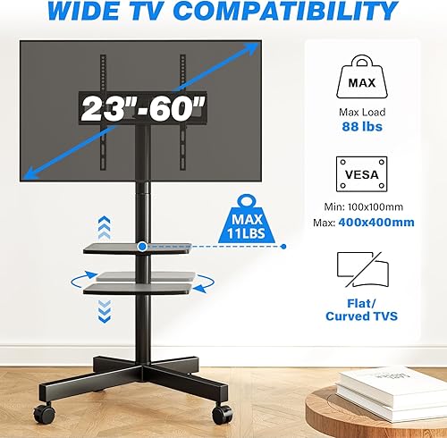 Miniatura 2 de Rfiver Carrito de TV móvil para televisores de pantalla plana LCD LED de 23 a 60 pulgadas de hasta 88 libras, altura ajustable, estante rodante