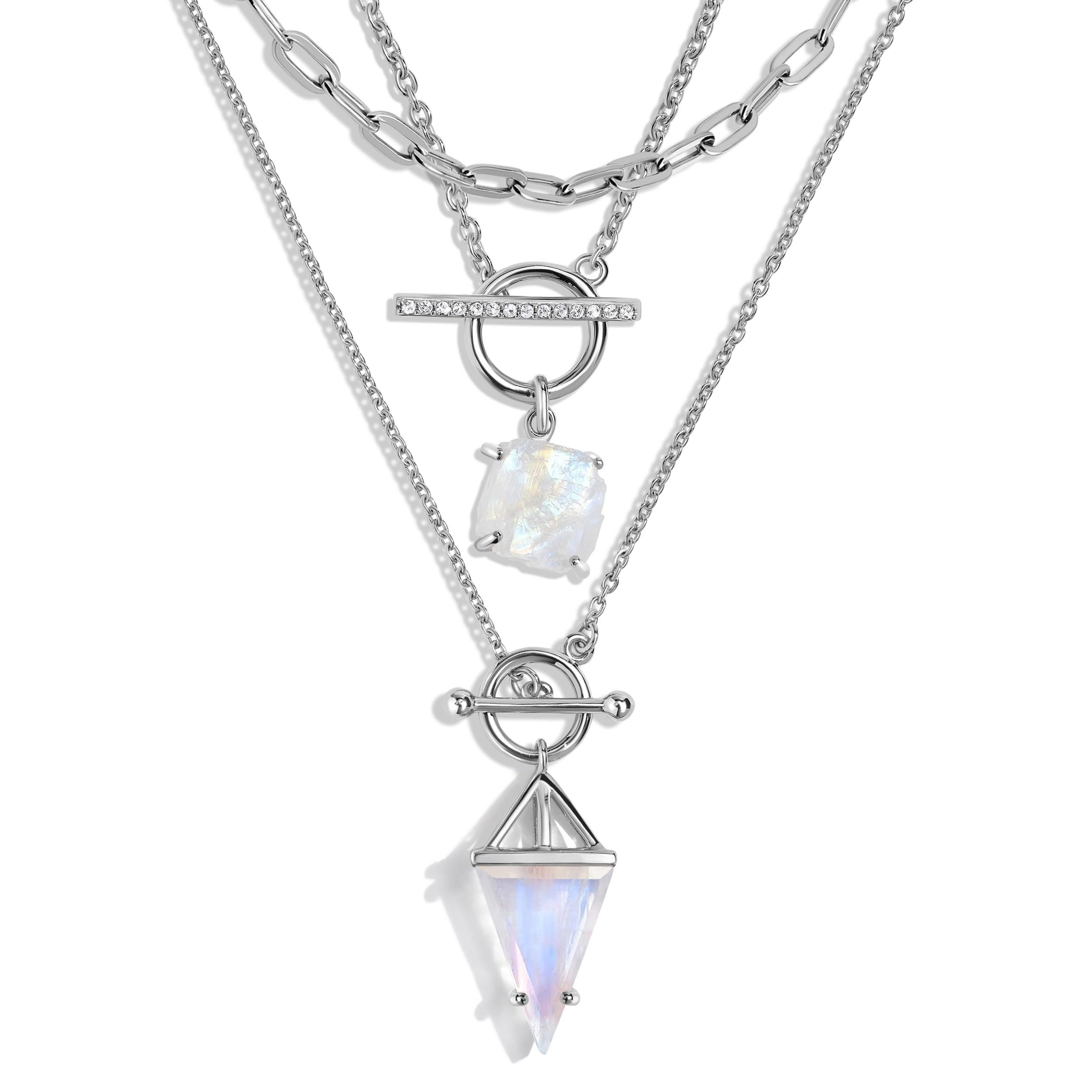 Moon MagicAuthentic Moonstone Earrings and Necklace Gift Set/Real 925 Sterling Silver - 18K Rose Gold Raw Crystal Moonstone Studs & Necklace for Women