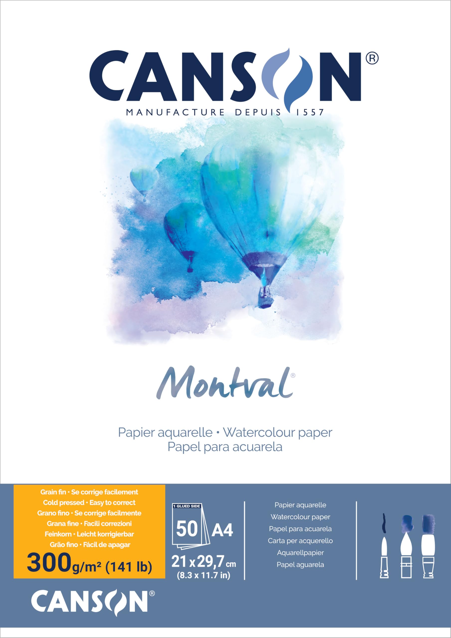 CANSON Professional Fine Grain Watercolour Montval Paper, 300gsm, A4 Pad, 50 White Sheets, for Professional Artists & Students