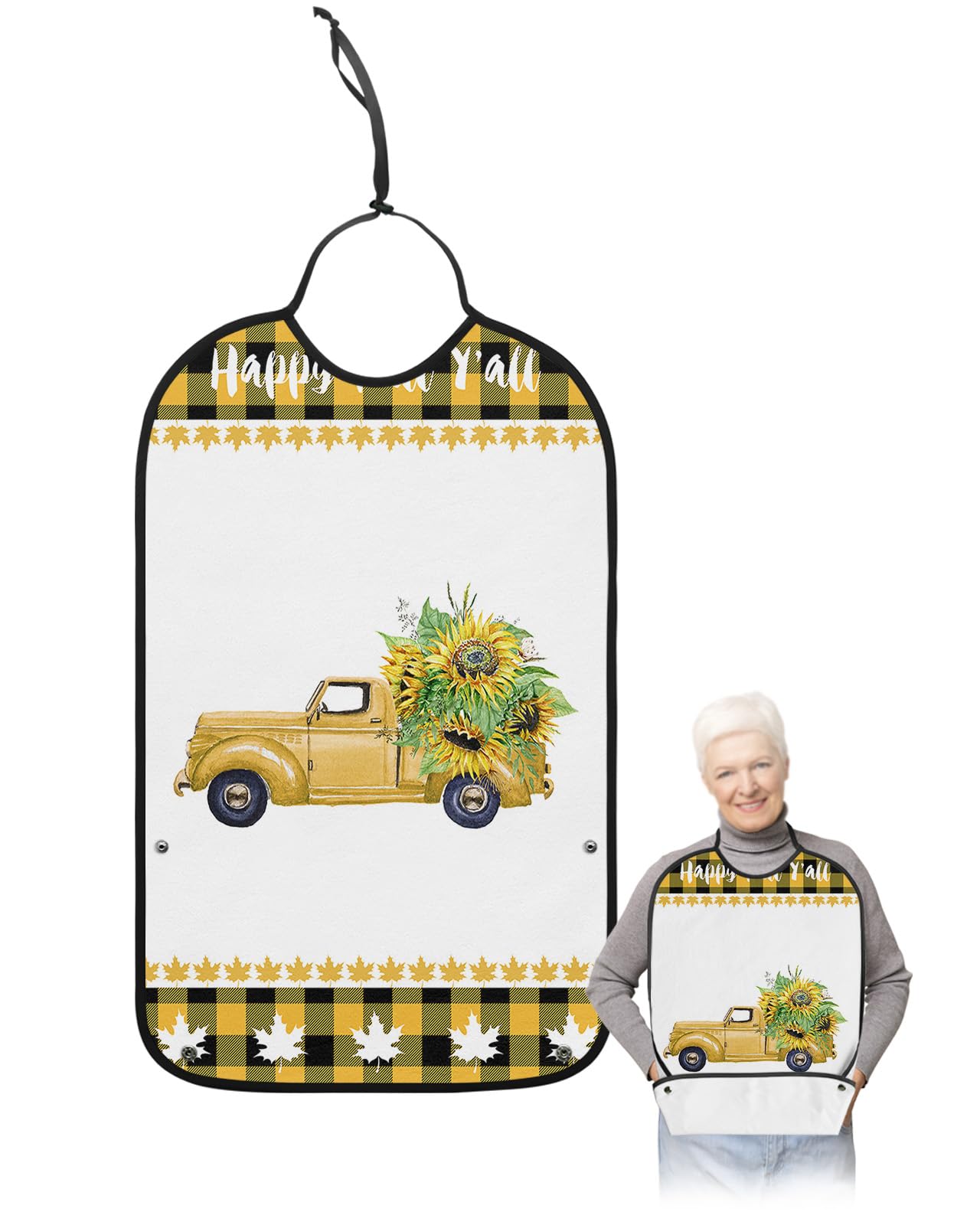 Sunflower Truck Adult Bibs for Eating, Waterproof Bibs with Food Catcher & Adjustable Snap Closure, Rustic Yellow Black Plaid Maple Leaf Washable Clothing Protectors Adult Bibs for Elderly Women/Men