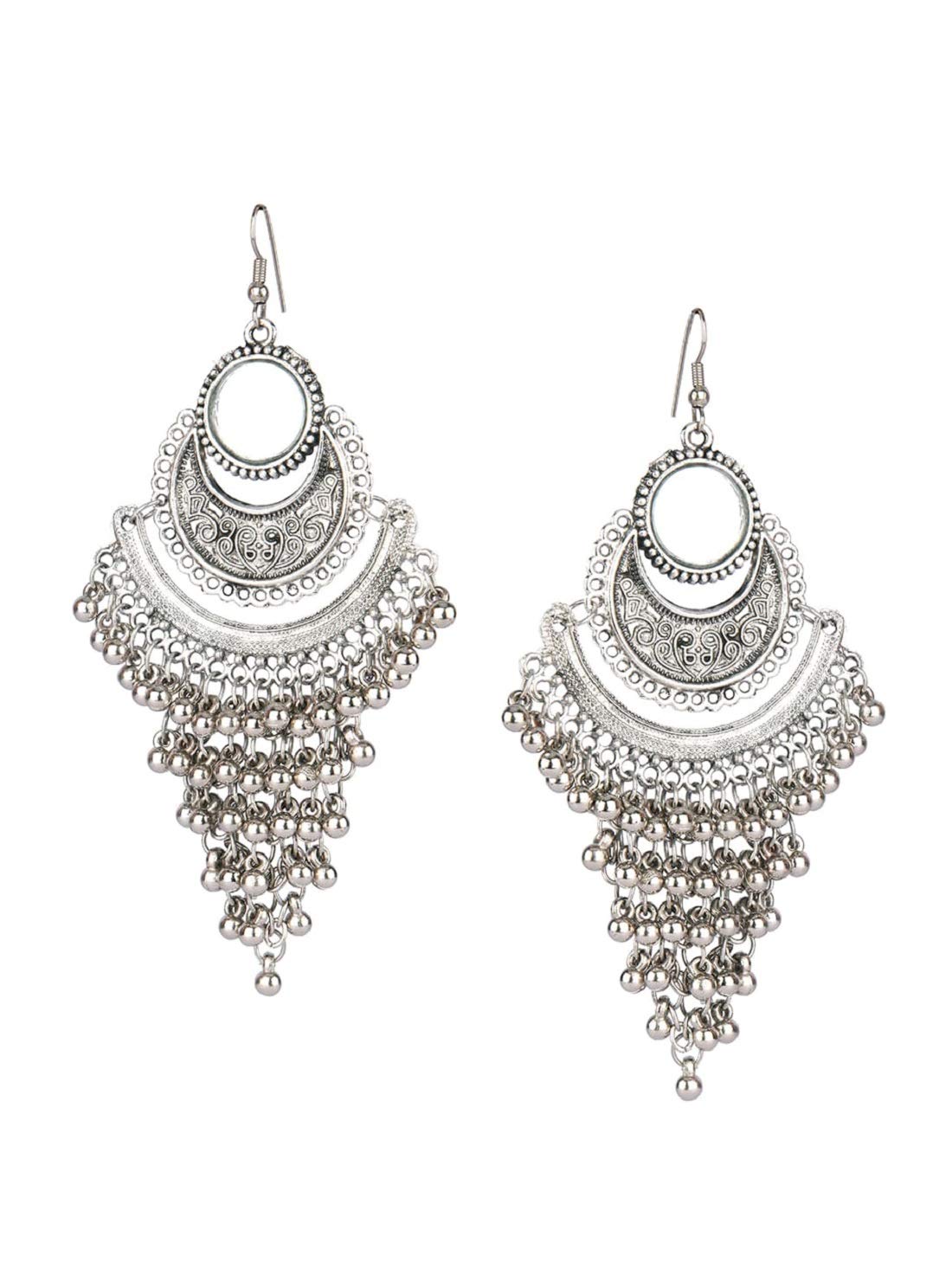 Nityakshi Women's Oxidised Silver Mirror Dangler Long Drop Jhumka Earring