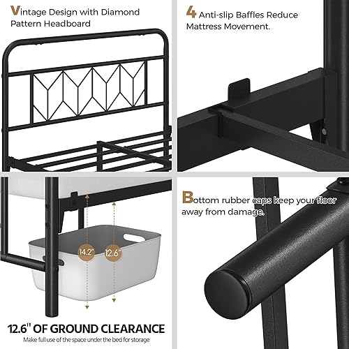 Miniatura 4 de YAHEETECH - Base de cama metálica con cabecera y estribo con patrón de diamante, base de colchón, soporte de listones de acero resistente,