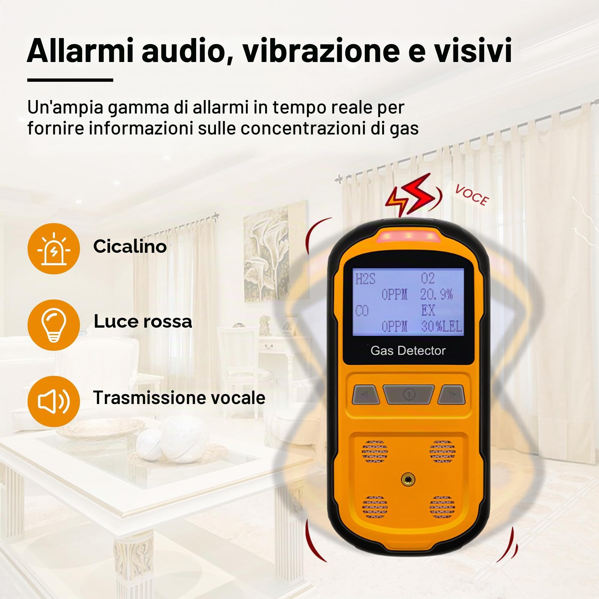 Rilevatore di perdite di gas per H2S CO O2 e LEL, rilevatore di gas portatile multi con allarmi acustici, visivi e a vibrazione, misuratore di gas 4 in 1, display digitale LCD (arancione)