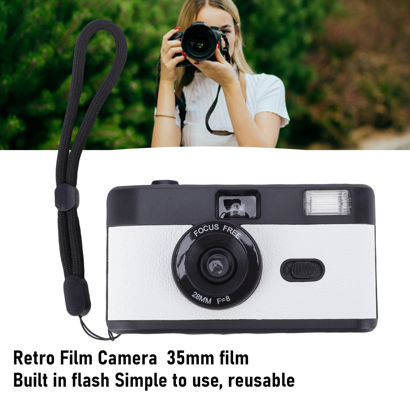 Jectse Fotocamera a Pellicola, 35 Mm, Riutilizzabile, Senza Messa a Fuoco, Design retrò Elegante, con Pellicole Flash 27 Colori, per Studenti, Regali di Compleanno per Adulti (nero bianco)