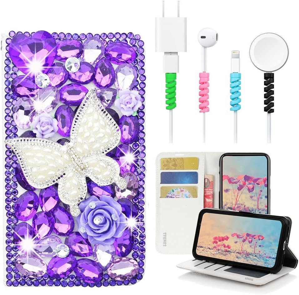 STENES Bling Wallet Case Compatible with Samsung Galaxy J7 (2018) - Stylish - 3D Handmade Rose Butterfly Flowers Design Leather Cover with Cable Protector [4 Pack] - Violet
