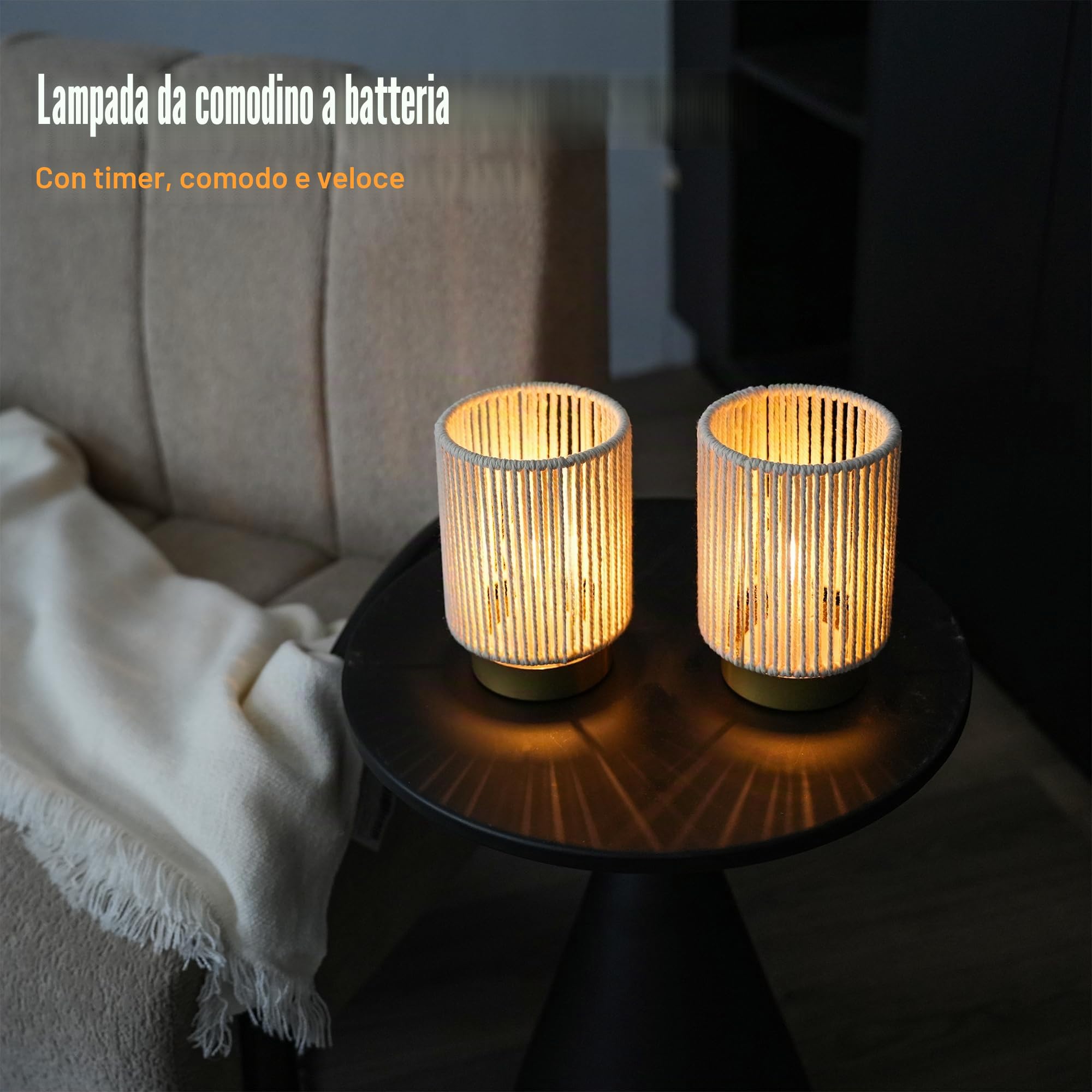 JHY DESIGN Set di 2 lampade da tavolo in corda di cotone intrecciato, altezza 17 cm, funzionamento a batteria, con timer di 6 ore accanto alle lanterne, ideale per soggiorno, camera da letto