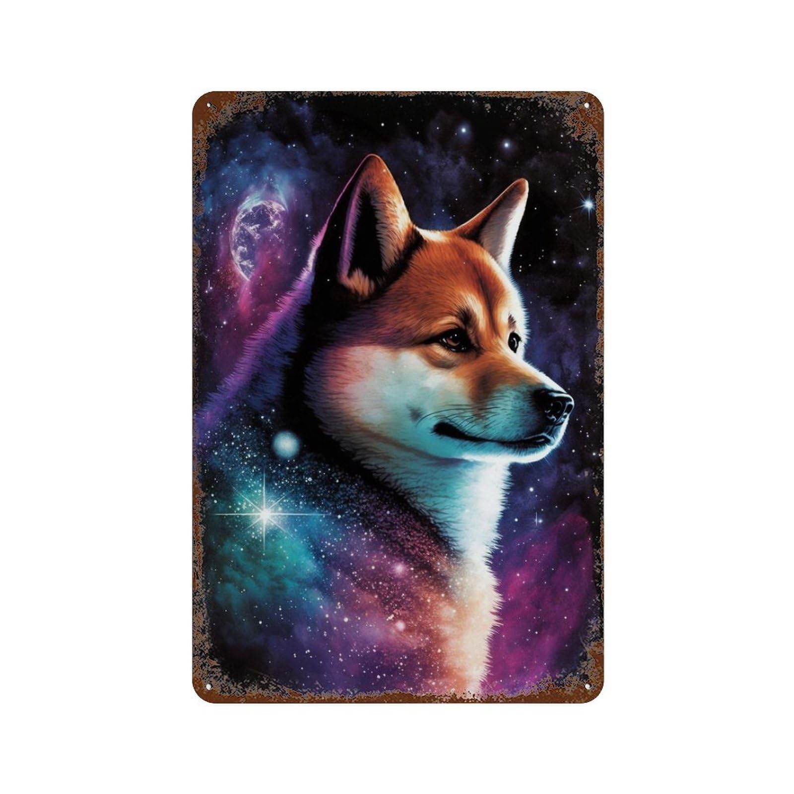 Rusty Metal Tin Sign Cosmic Dog Portrait Print 11.8"x7.9", Rustic Home Decor for Shed, Workshop And Garage Wall Decor