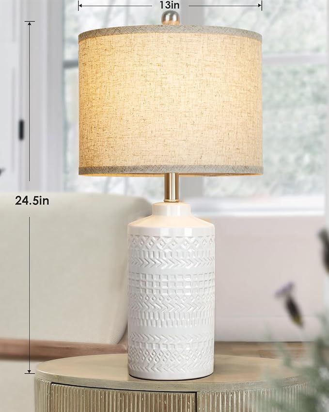 JUNNAI White Ceramic Table Lamp with Beige Shade: 3-Way Dimmable Night Stand Light Lamp 24.5" Modern Table Lamps for Living Room Bedroom End Table Office Entryway Lamps (Bulb Included photo 2