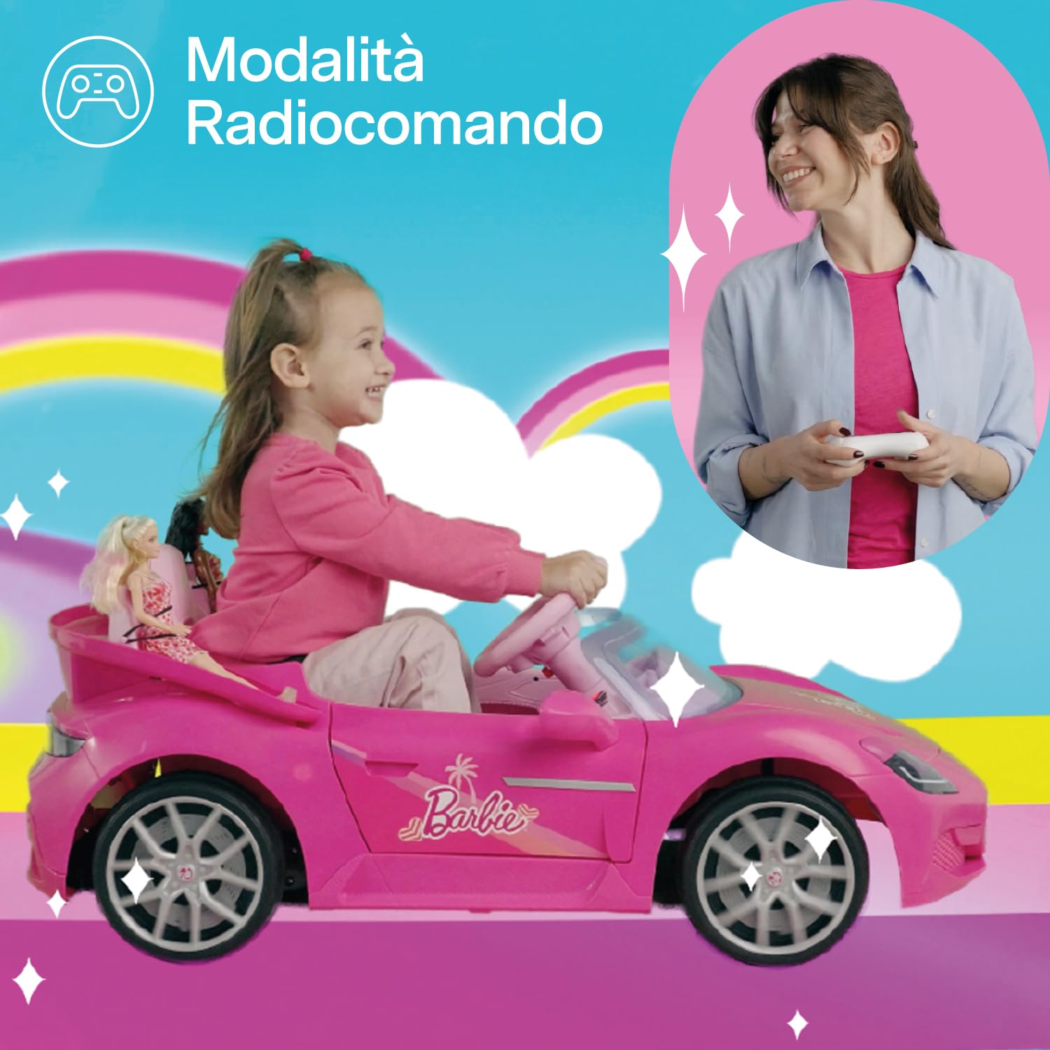PEG Barbie RC Auto Elettrica Cavalcabile 12V per Bambini con Telecomando, Guida Manuale, Doppio Sedile per 2 Barbie, Portiere Apribili, Luci e Suoni, Età 18+ Mesi
