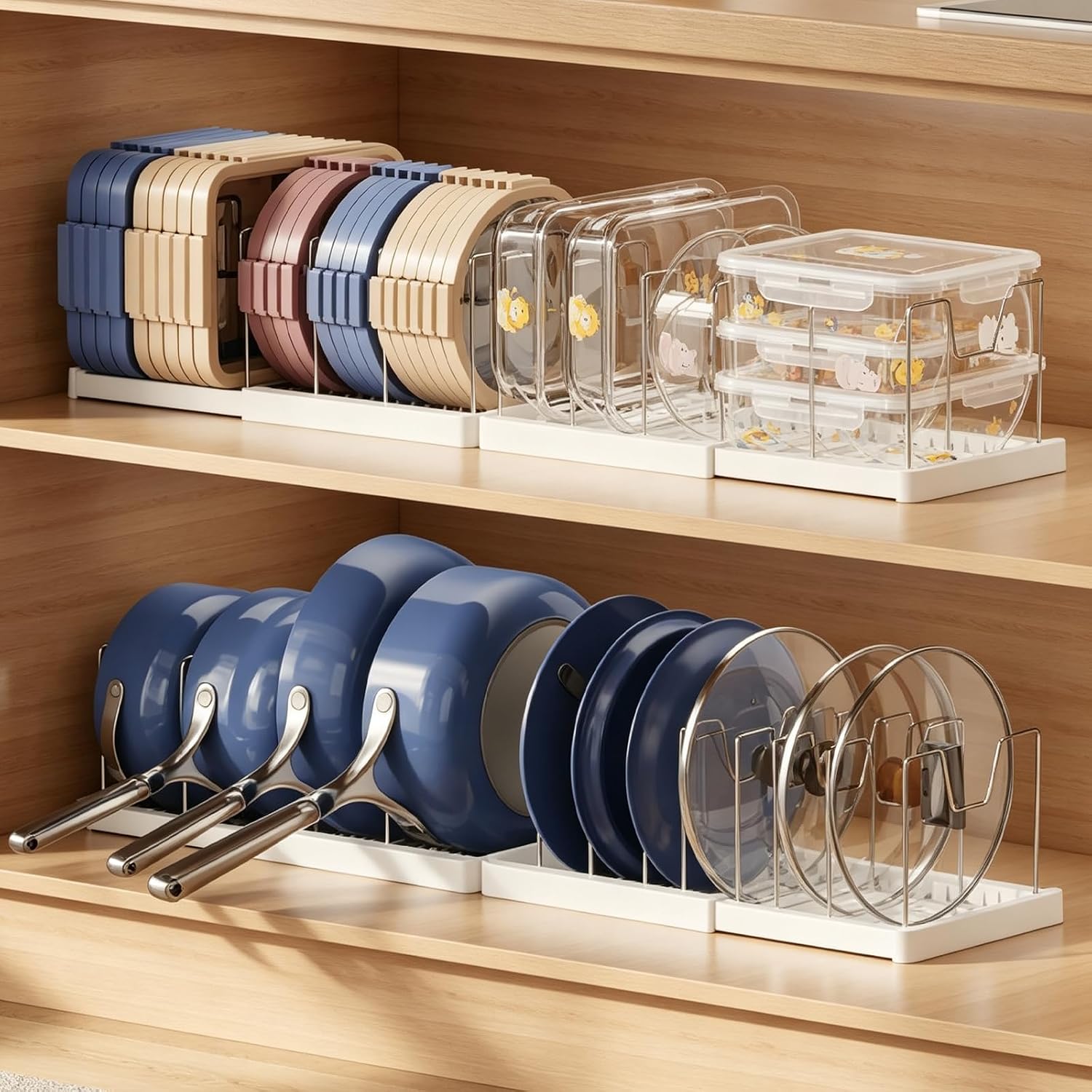 Magheo 2 Pack Expandable Food Storage Container Lid Organizers, 31.3" Pots and Pans Organizer Under Cabinet with 12 Adjustable Dividers Pot and Pan Lid Holders Rack Inside Cabinet(White)