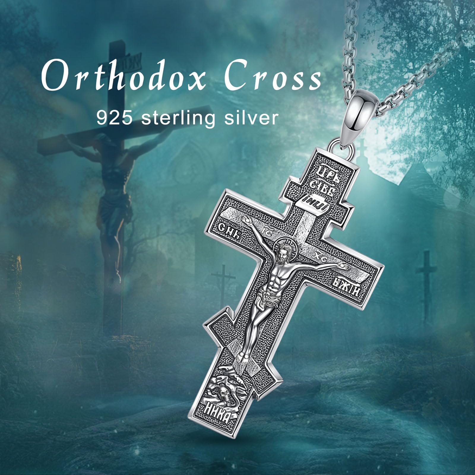 925 Srebro Sterling Ortodoksyjny naszyjnik z krzyżem dla kobiet mężczyzn, grzbiet krzyż Jezus krzyż naszyjniki religia ochrona biżuterii amulet dla męża taty, 22 + 2", Srebro