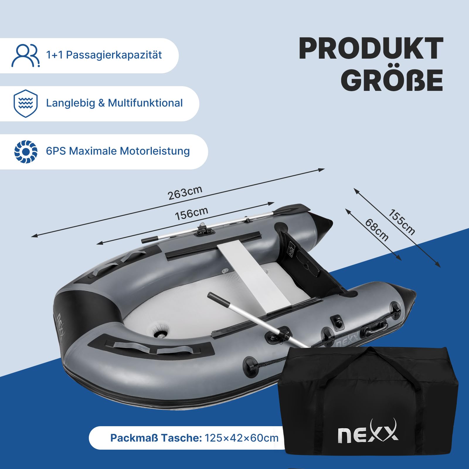 Professionelles Sportboot, Schlauchboot, Anglerboot NEXX 260cm mit Luftboden - mit 1 Sitzbank inkl. 2 Paddeln, hellgrau