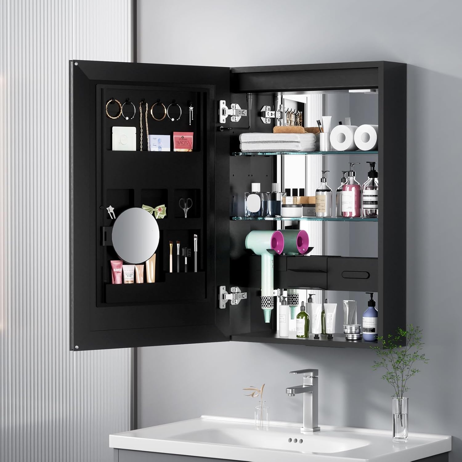 Lighted Medicine Cabinet for Bathroom, 20×30 Inch Bathroom Mirror Cabinet for Cosmetic Storage, LED Medicine Cabinet with 2 Outlets, 3X Magnifier, Adjustable Shelves, Surface Mount Lighted Medicine Cabinet for Bathroom, 20×30 Inch Bathroom Mirror Cabinet for Cosmetic Storage, LED Medicine Cabinet with 2 Outlets, 3X Magnifier, Adjustable Shelves, Surface Mount