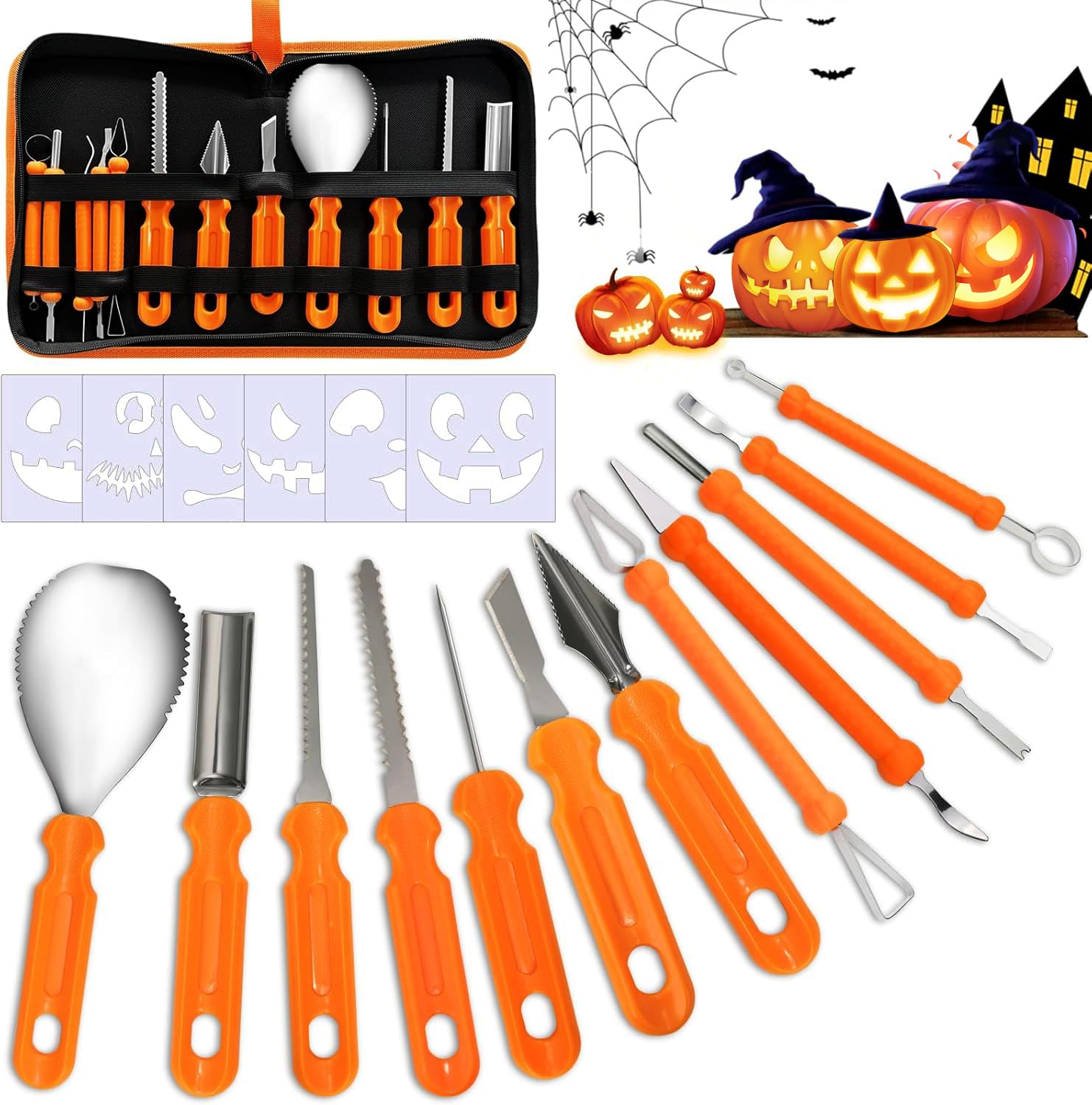 Kit de Calabaza Tallado de Halloween,Juego de Tallado de Calabaza de Halloween,Herramientas para Tallar Calabazas con Bolsa de Almacenamiento y 6 Plantilla de Grabado para Adultos Inoxidable