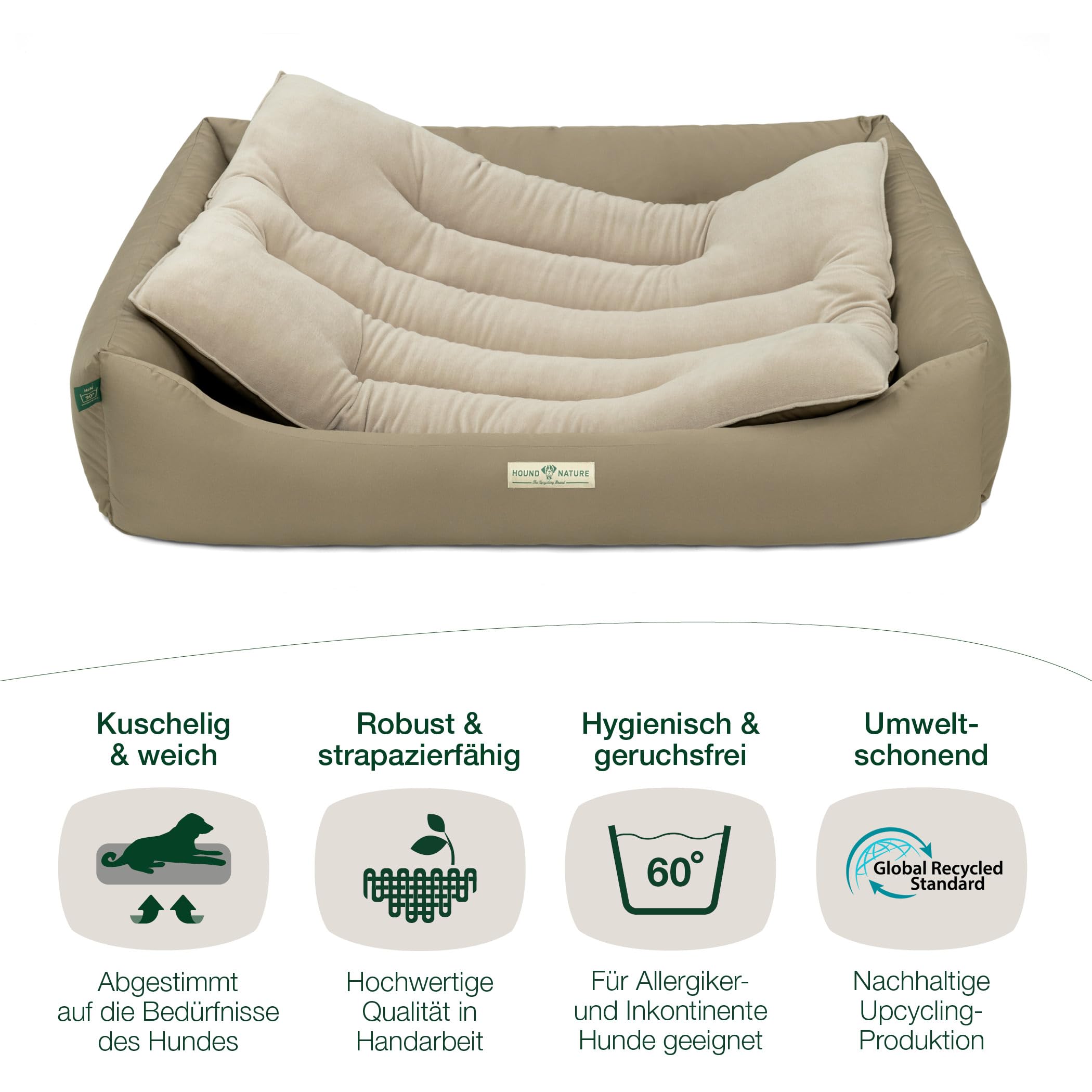 HOUND & NATURE | Cama ecológica para perros Luzern | Suave y suave, talla XXL para perros muy grandes, cama mullida y mullida lavable con cojín reversible (XXL – 125 x 95 cm, topo)