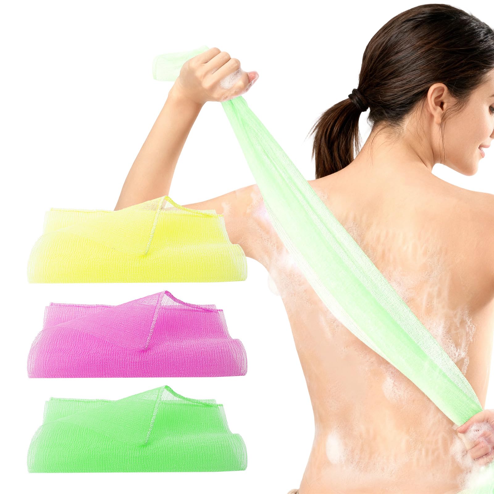 3 sztuki peelingujących myjek, szczotka do szorowania pleców, gąbka do ciała i pleców, gąbka do peelingu, rękawica do peelingu, dla mężczyzn i kobiet, do ciała (żółta + różowa + zielona)
