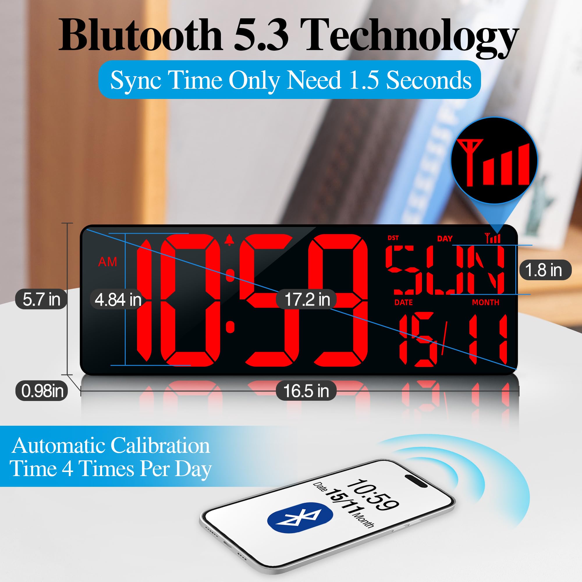 Large Digital Wall Clock with Remote Control 17.2" LED Large Display Timer with Temperature Date Week Auto DST Adjustable Brightness - Image 2