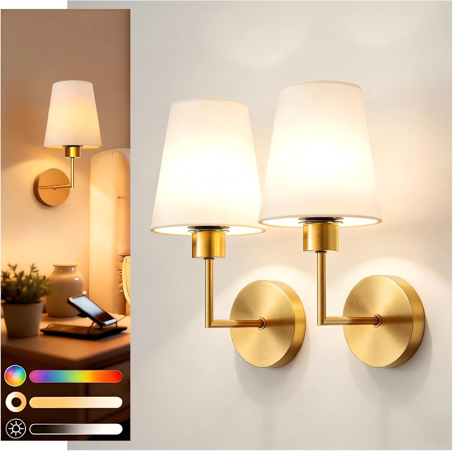 DORESshop Battery Operated Wall Sconce Set of 2, Wall Light Wireless Easy to Install, Dimmable and Adjustable Sconces Wall Decor, Rechargeable Wall Lamp for Bedroom, Living Room, Gold 13.8in