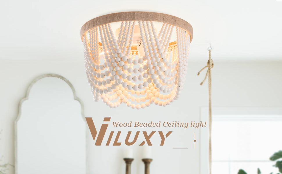 VILUXY Bohemia Wood Beaded Flush Mount Ceiling Light Antique Rustic Mini Chandelier White Finishing for Bedroom,Nursery Room, Girl Room, Hallway, Entryway, Passway, Dining Room, 3-Light - Image 8