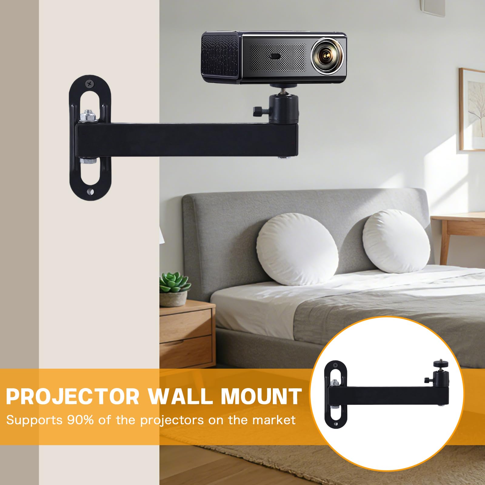 Supporto da Parete per Proiettore,Supporto da parete regolabile, ruotabile a 360°, supporto per proiettore in metallo con interfaccia a vite da 1/4 di pollice per home cinema, ufficio, sala giochi