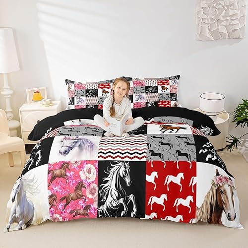 Miniatura 4 de Juego de ropa de cama de caballo para niñas, funda de edredón de animales de granja, funda de edredón bohemia de vaquera occidental para