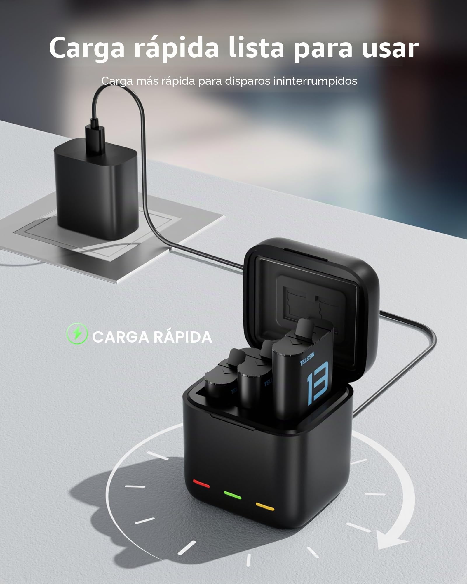 TELESIN Kit de cargador de batería para GoPro Hero 13 Negro - Paquete de 2 baterías y estuche de carga triple con cable tipo C, carga rápida, alta capacidad para Go Pro 13 Black Original Baterías
