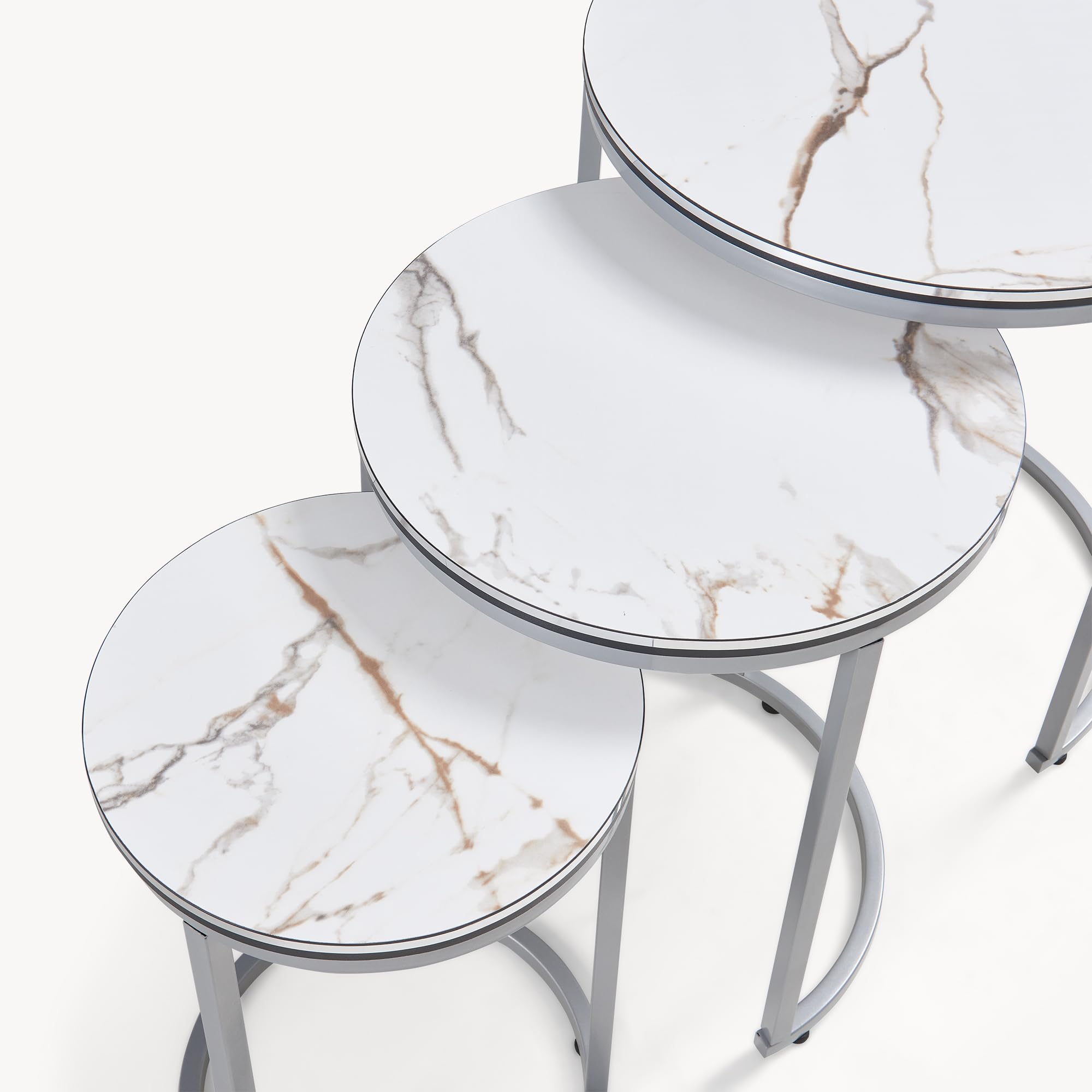 [en.casa] Set di 3 Tavolini da Salotto Tavolini Sovrapponibili con Telaio in Metallo e Piano Rotondo in Effetto Marmo Bianco