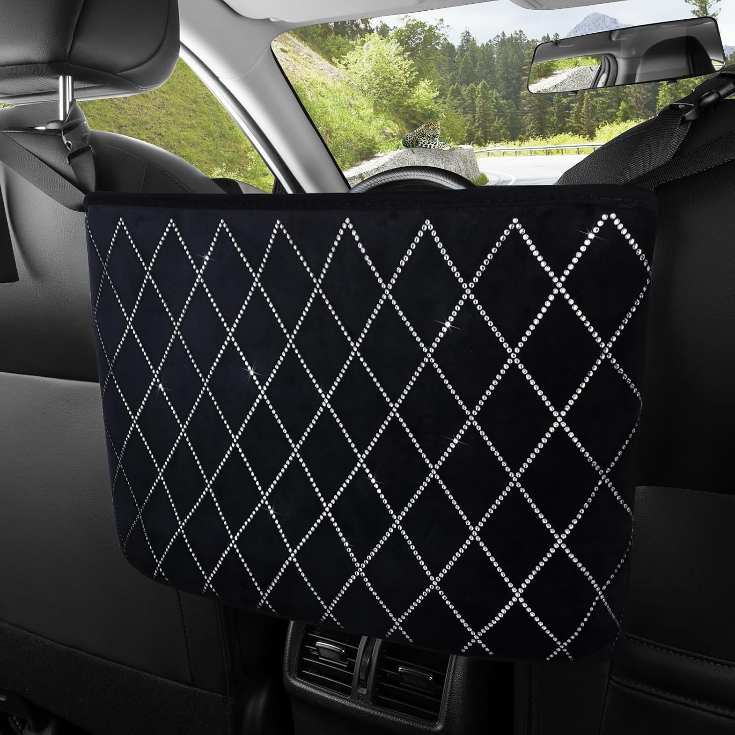 Car Organizers and Storage Purse Holder, Large Capacity Car Net Pocket Handbag Holder, Automotive Consoles & Backseat Organizer, Leather Back Seat Bag Between Car Front Seats, Beige