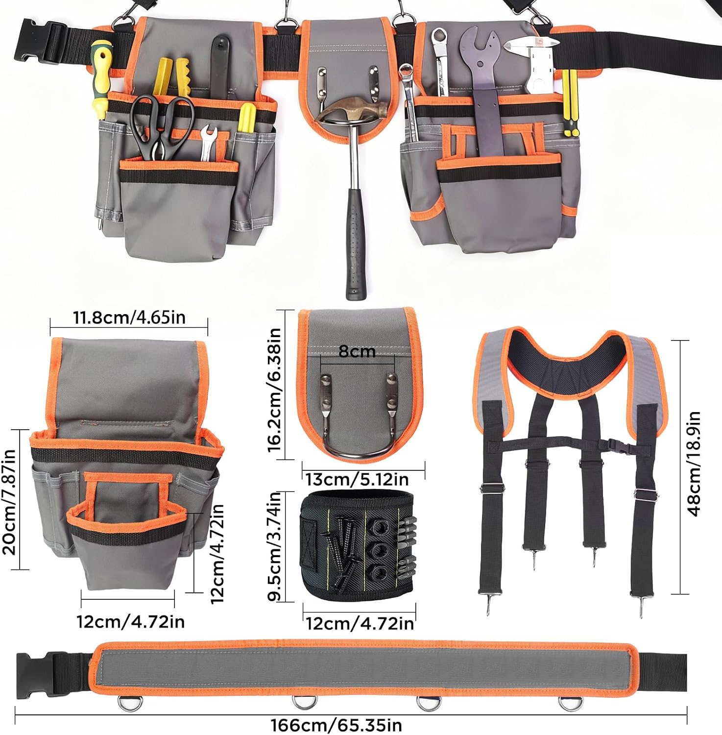 Tool Belt with Suspenders, Tool Belts for Men, Magnetic Wristband & Detachable Pouch – Heavy Duty Adjustable Belt for Electricians, Carpenters, DIY, Construction,Gift (Gray-Orange, Universal)