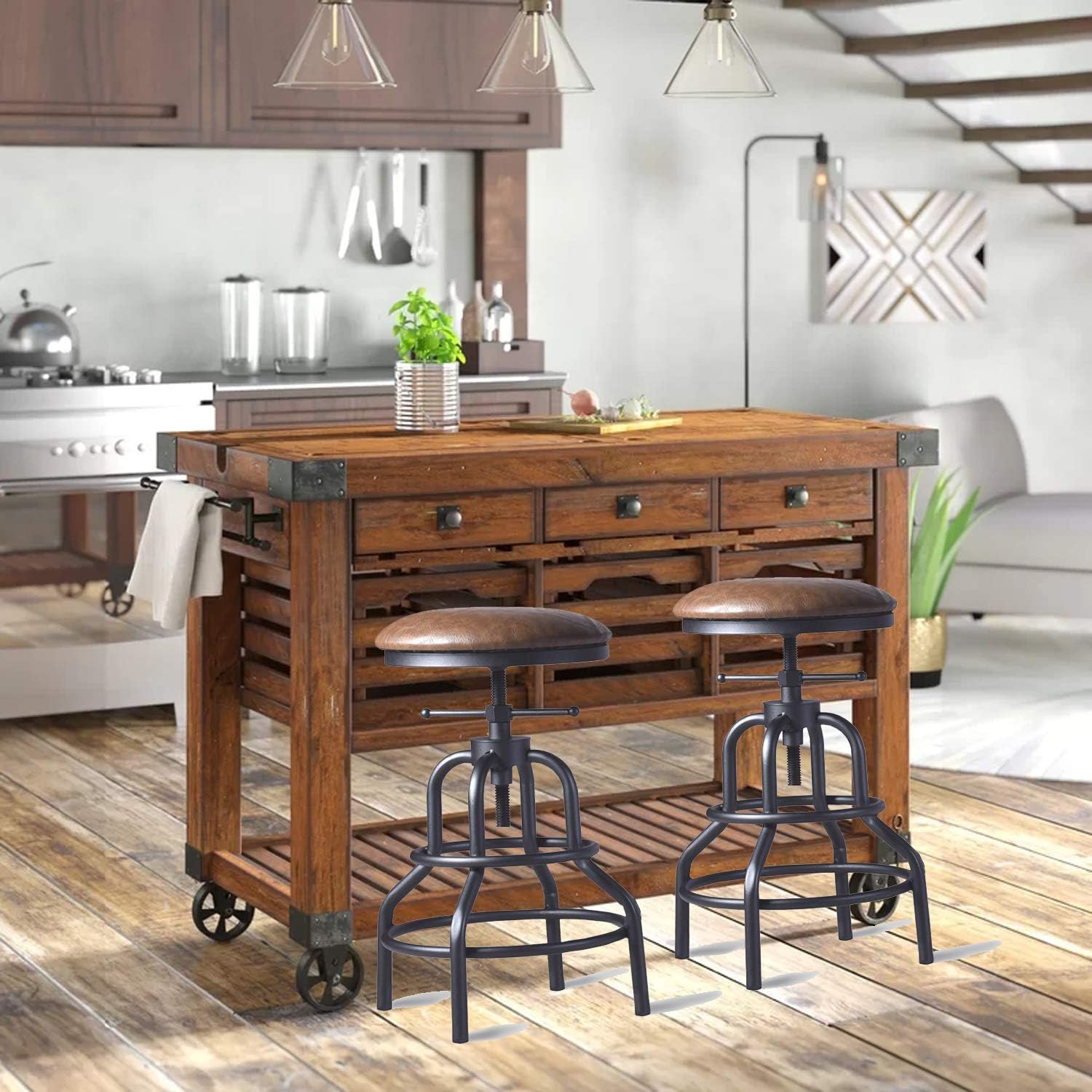 Diwhy Industrial Vintage Counter Stool, Kitchen Counter Height Adjustable Swivel Chair, Metal Frame Stool, 20.47-26.77 Inch, Fully Welded Base, Brown PU Upholstered, Set of 2