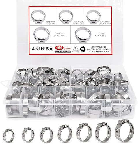 AKIHISA 100 abrazaderas de manguera de oreja de 5 tamaños, 0.827-1.126 in, juego de anillos de crimpado Pex de acero inoxidable 304, juego surtido